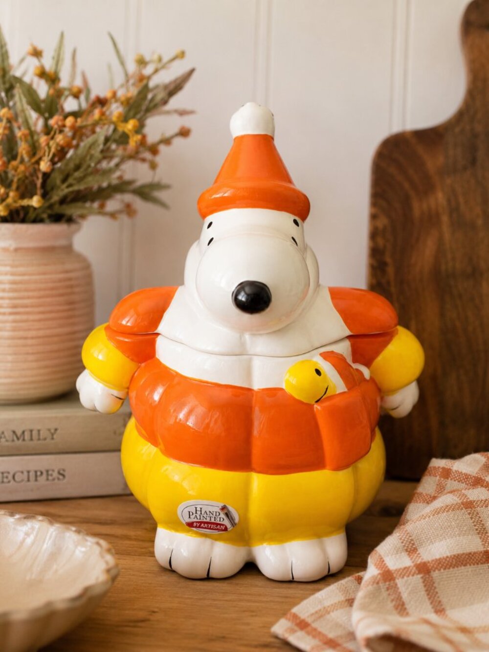 Peanuts Snoopy Candy Corn Cookie Jar NIB Halloween Hand Painted Ceramic